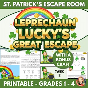 May include: A printable St. Patrick's Day escape room game for grades 1-4. The design features a rainbow, gold coins, and a leprechaun with the text "Leprechaun Lucky's Great Escape". Includes bonus craft.