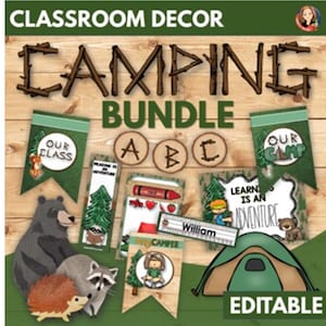 Editable Camping Classroom Decor Bundle with Woodland Animals, Rustic Classroom Decor, Printable Posters, Back to School Bulletin Boards