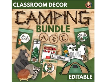 Bewerkbare camping klas decor bundel met bosdieren, rustiek klaslokaal decor, afdrukbare posters, terug naar school bulletinboards