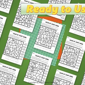 May include: A set of ten printable color by sight word worksheets featuring various images, including an ape, a bird, a turtle, and a hat. Each worksheet includes a color key with sight words and corresponding colors. The worksheets are designed for children learning to read and recognize sight words.
