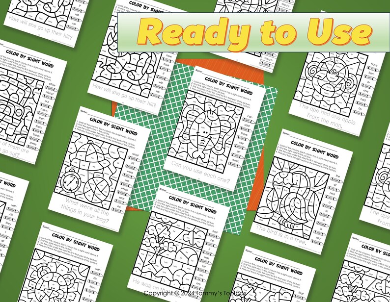 May include: A set of ten printable color by sight word worksheets featuring various images, including an ape, a bird, a turtle, and a hat. Each worksheet includes a color key with sight words and corresponding colors. The worksheets are designed for children learning to read and recognize sight words.