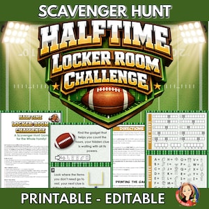 May include: A printable and editable Halftime Locker Room Challenge game. The design features a football, a football field background, and the text "Halftime Locker Room Challenge". Includes instructions, code words, and a decoder. Perfect for family fun.