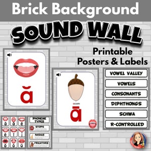 Sound Wall with Mouth Pictures Classroom Decor Kit in Brick Theme.  Sound Practice - Vowel Valley & Consonants Phoneme Articulation Posters