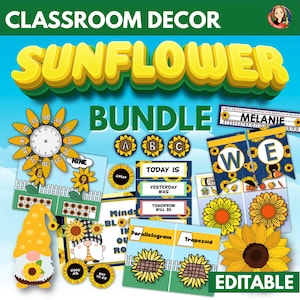 Sunflower Classroom Decor Bundle, Sunflower Theme Class Bulletin Board, Banners, Posters, Name Plates, Editable Class Schedule, Gnomes