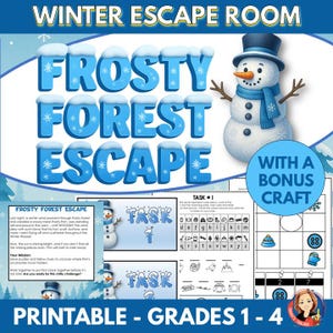 Puede incluir: Un juego imprimible de escape room con temática invernal titulado "Frosty Forest Escape" con un gráfico de muñeco de nieve. El juego incluye rompecabezas, tareas y una manualidad adicional, diseñado para los grados 1-4. El texto en la imagen dice "Winter Escape Room".