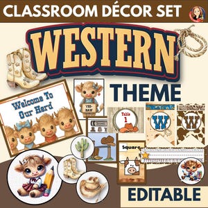 Bundel westernklasdecoratie met hooglandkoeien | Bewerkbare bulletinboards, naamkaartjes, labels, deurborden, AZ-banners en meer