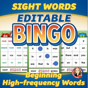 Bewerkbare Sight Word-bingogameset voor hoogfrequente woorden: 30 unieke kaarten inbegrepen! Woordenlijst met meer dan 300 woorden.