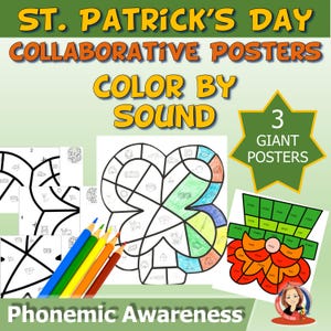 Pode incluir: Um conjunto educacional com o tema do Dia de São Patrício, com cartazes colaborativos com o texto "Color by Sound". A imagem inclui um trevo parcialmente colorido, páginas para colorir e lápis de cor. O conjunto promove a consciência fonêmica.
