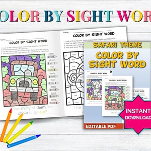 May include: A printable color by sight word activity for kids featuring a safari theme. The activity includes three different images to color: a jeep, an elephant, and a giraffe. The sight words are listed on the side of the page and the child colors the image according to the corresponding word.