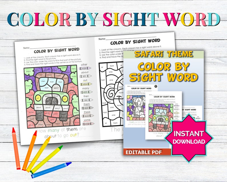 May include: A printable color by sight word activity for kids featuring a safari theme. The activity includes three different images to color: a jeep, an elephant, and a giraffe. The sight words are listed on the side of the page and the child colors the image according to the corresponding word.