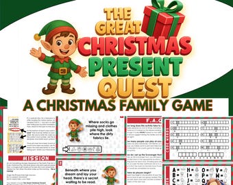 Weihnachts-Schnitzeljagd druckbares Spiel | Die große Weihnachtsgeschenk-Quest | Kinderzimmer und Familie entkommen Zimmer Hinweise | Bearbeitbares Urlaubspartyspiel