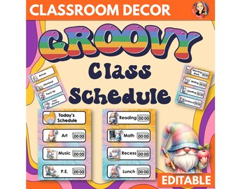 Retro Groovy Class Schedule Cards, Editable Retro Theme Classroom Decor, Retro Class Schedule with Groovy Gnomes