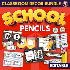 Paquete de decoración para el aula con temática de lápices/editable, tablón de anuncios de regreso a clases, carteles con lápices, placas con nombres para los escritorios de los estudiantes,