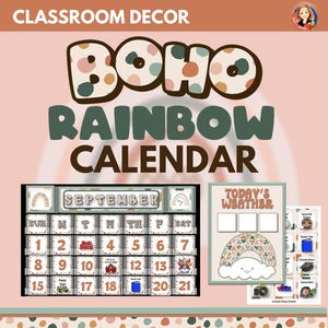 Boho Rainbow Classroom Calendar Set, Editable, Printable Bulletin Board Kit and Weather Display, Boho Classroom Decor Calendar