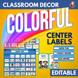 Editable Classroom Center Labels Decor in Bright Classroom Decor Theme, Learning Center Posters