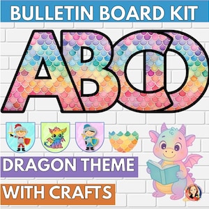 May include: A dragon-themed bulletin board kit. The image shows the letters ABC with a colourful scale pattern, dragon illustrations, and the text "WITH CRAFTS". A cute dragon is reading a book. The background is a white brick wall.