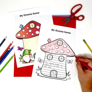 Op de afbeelding: Twee printbare kleurplaten met een gnome-huis met een rood dak. De eerste pagina is gedeeltelijk gekleurd met rode en witte stippen. De tweede pagina is leeg en bevat de tekst "Mijn gnome-huis is mooi. Het heeft een rood dak."