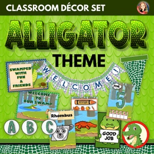 Classroom Decor Set in Alligator Swamp Theme.  Includes Bulletin Board, Pennants, Posters, Happy Birthday Decorations, Anchor Charts, + more