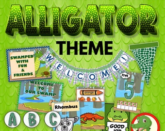 Classroom Decor Set in Alligator Swamp Theme.  Includes Bulletin Board, Pennants, Posters, Happy Birthday Decorations, Anchor Charts, + more