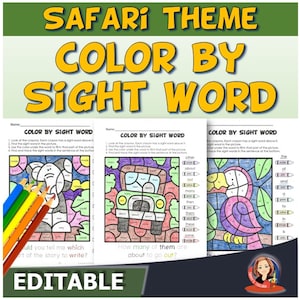 Sight Word Practice Safari Bundle: 13 Color-By-Code Coloring Pages with High-Frequency Heart Words & 6 Editable Worksheets for Any List