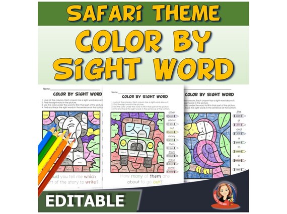 Sight Word Practice Safari Bundle: 13 Color-By-Code Coloring Pages with High-Frequency Heart Words & 6 Editable Worksheets for Any List