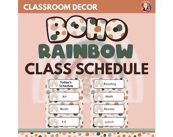 Tarjetas con horarios para el aula con diseño de arcoíris boho, decoración para el aula con temática boho relajante y editable, carteles y exhibición de horarios diarios para el aula