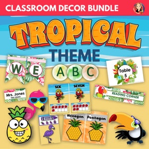 Tropical Classroom Decor Set, Editable, Printable Tropical Beach theme bulletin board, banners, Flamingo Posters, Classroom Organization