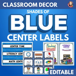 Classroom Center Labels in Watercolor Blue, Blue Classroom Decor, Learning Center Posters, Editable Classroom Labels