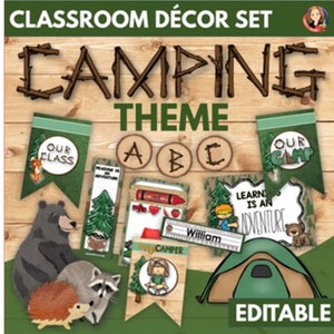 Camping Classroom Decor Editable, Printable Rustic Classroom, Camping posters, banners, desk name plates, back-to-school bulletin boards