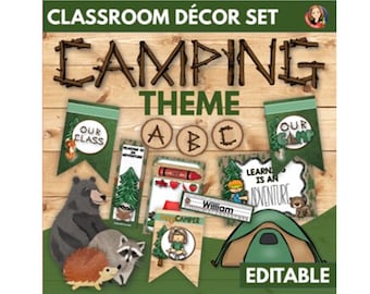 Camping Classroom Decor Editable, Printable Rustic Classroom, Camping posters, banners, desk name plates, back-to-school bulletin boards