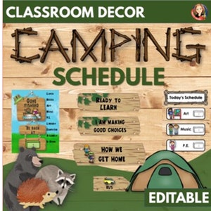 Bearbeitbarer Camping-Klassenzimmer-Dekor-Zeitplan und Klassenzimmer-Managment-Set, druckbare Camping-Zeitplankarten, Job-Chart, Verhaltensdiagramm, Poster