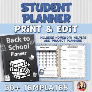 Può includere: Un planner per studenti stampabile con il testo "Back to School Planner" sulla copertina. Il planner include oltre 50 modelli, tra cui checklist mensili e giornalieri, aiuti per i compiti e planner di progetto.