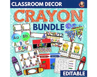 Paquete de decoración del aula de crayones, tablón de anuncios temático de crayones, carteles, visualización del calendario de clases, tabla de trabajos, organización colorida del aula