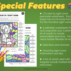 May include: Color by sight word worksheets for kids.  The worksheets feature an elephant illustration and include a list of sight words.  The worksheets are designed to help children learn to read and spell.