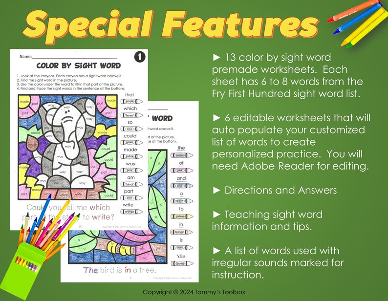 May include: Color by sight word worksheets for kids.  The worksheets feature an elephant illustration and include a list of sight words.  The worksheets are designed to help children learn to read and spell.