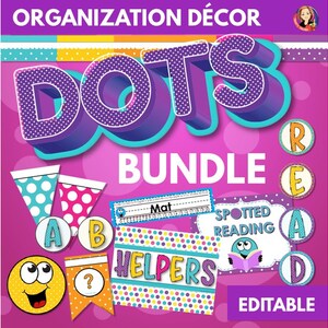 Polka Dots Classroom Decor Bundle, Bright Colorful Classroom Decor, Back to School Bulletin Board, Welcome Banners, Jobs, Class Calendar