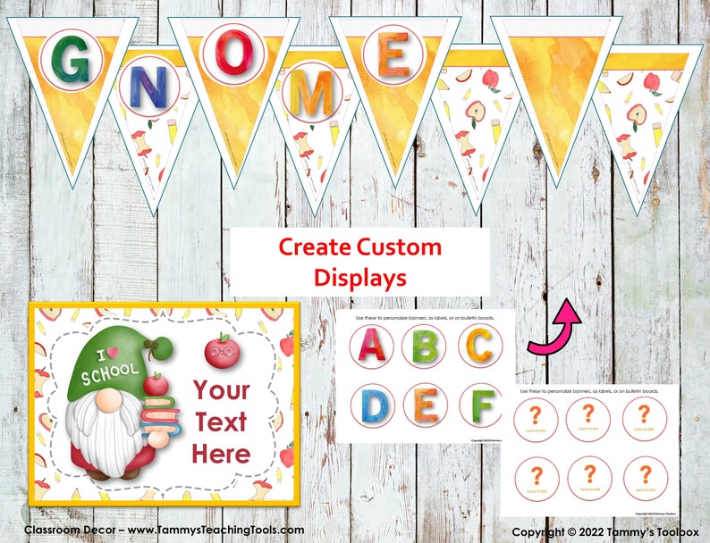 Op de afbeelding: Een printbare klasbanner met het woord "Gnome" in kleurrijke letters. De banner is versierd met gele, rode en groene appels en potloden. Er zijn ook printbare cirkels met letters en vraagtekens om aangepaste displays te maken.