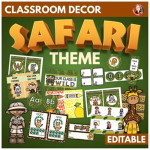 Editable Safari Jungle Theme Classroom Decor Printables, Growth Mindset Theme, Posters, Bulletin Boards, Back to School, Organized Classroom