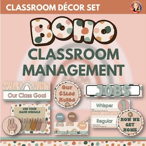 May include: Boho classroom management decor set with colorful circles and rainbows. The set includes signs that say "Our Class Goal", "Our Class Rules", "Jobs", "Whisper", "Regular", and "How We Get Home".
