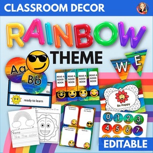 Bright Rainbow Classroom Decor, Emoji Rainbow Back to School Bulletin Board, Colorful Classroom Decor Posters, Banners, Pennants, Desk Plate