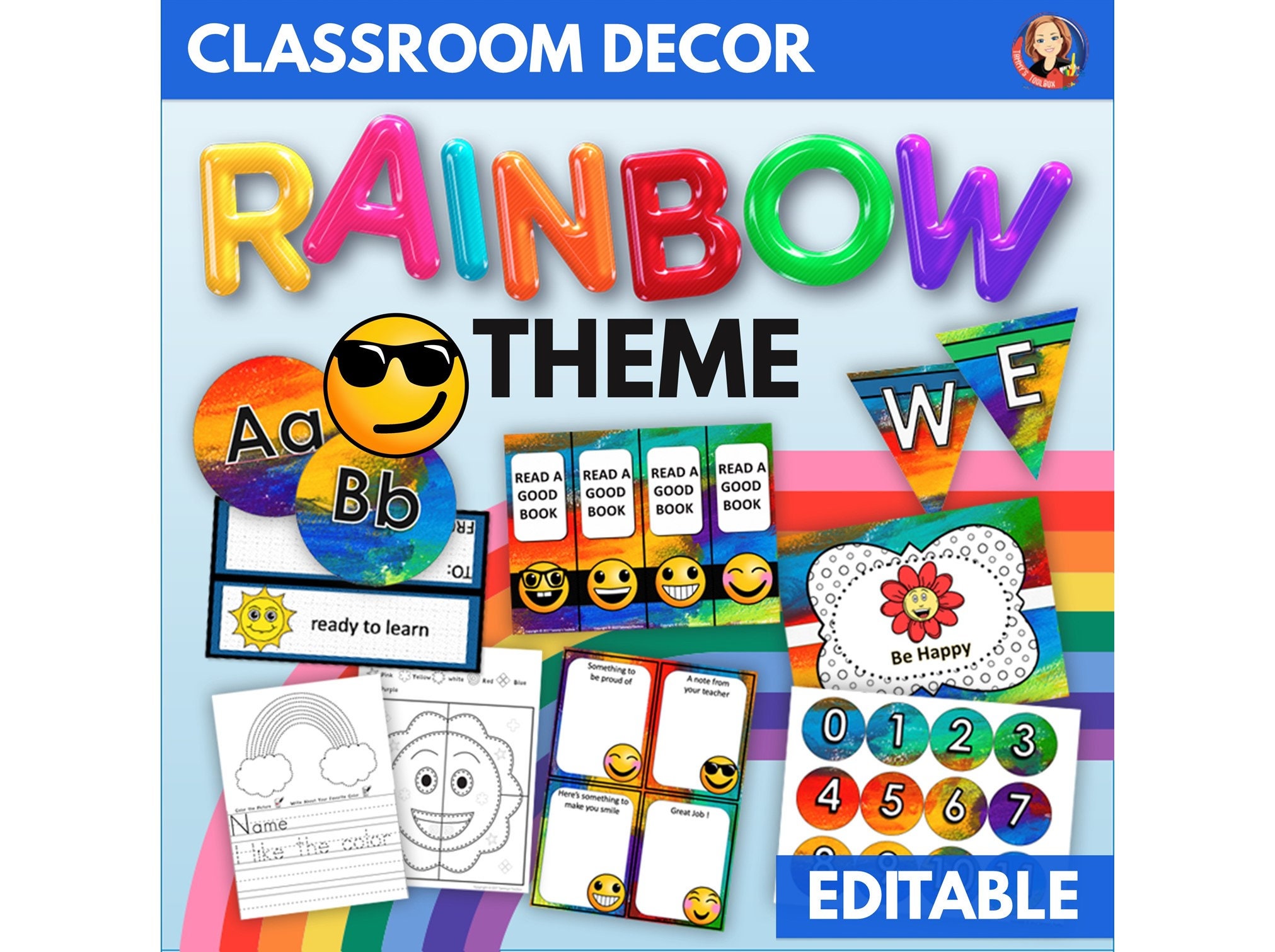 Bright Rainbow Classroom Decor, Emoji Rainbow Back to School Bulletin Board, Colorful Classroom Decor Posters, Banners, Pennants, Desk Plate