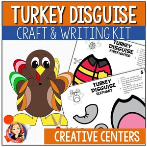 May include: A printable craft and writing kit featuring a turkey dressed as a firefighter and an elephant. The kit includes instructions for coloring, cutting, and gluing the pieces together. The text "TURKEY DISGUISE" is featured on the top of the page.