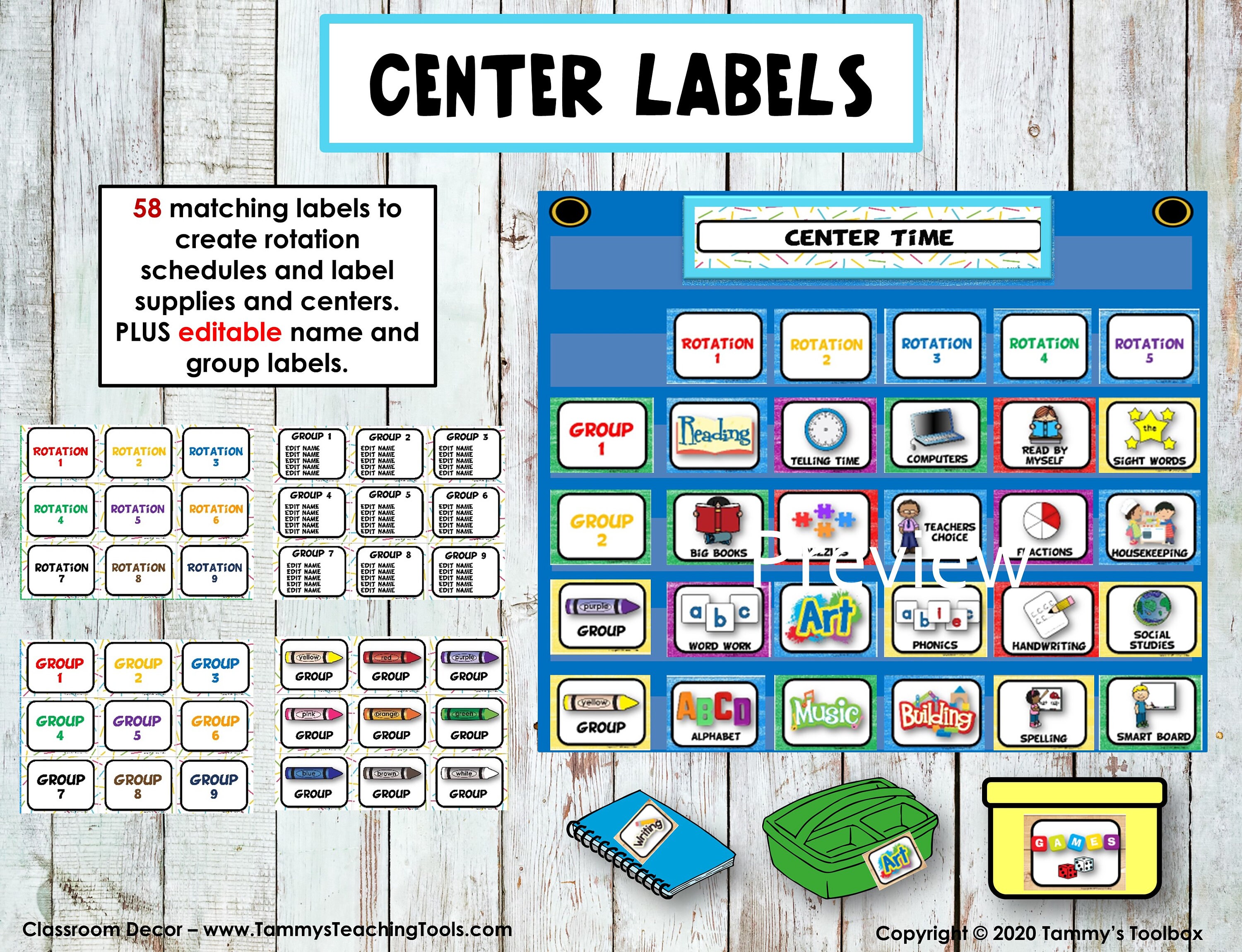 Editable Classroom Center Labels Decor in Bright Classroom Decor Theme