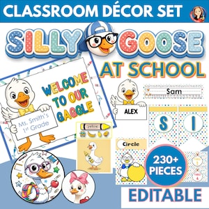 May include: A classroom decor set featuring a cartoon goose theme. The set includes welcome signs, name tags, alphabet letters, table numbers, and other educational materials. The design incorporates colorful polka dots and illustrations of geese with glasses and bow ties. The text includes "Silly Goose at School".