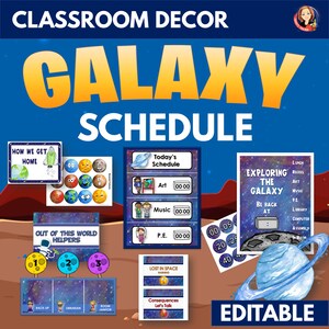 Horaire de la classe galaxie et ensemble de décoration de gestion, cartes d'horaire de classe imprimables modifiables, ensemble de gestion de classe organisée