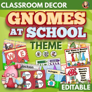 Gnomes at School Classroom Decor Kit and Activities, Colorful Gnome classroom decor bundle, back to school gnome bulletin board, banners