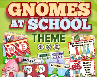 Gnomes at School Classroom Decor Kit and Activities, Colorful Gnome classroom decor bundle, back to school gnome bulletin board, banners