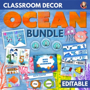 Paquete de decoración del aula Ocean Under the Sea, tablón de anuncios de vida marina, carteles, pancartas, exhibición de regreso a la escuela, decoración del campamento de verano