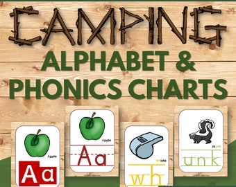 Alphabet Poster und Phonics Charts im rustikalen Holz / Camping Dekor Thema