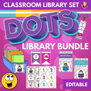 Pacchetto di organizzazione della biblioteca di classe in tema di arredamento per la classe a pois luminosi, etichette per contenitori di libri, poster di genere, striscioni, bacheca